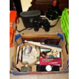 MIXED BOX, BOOK STAND, BINOCULARS + BOTTLE OF NORFOLK PUNCH