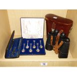 CASED SILVER JUBILEE SPOONS, BINOCULARS & CASED TECHNICAL DRAWING SET