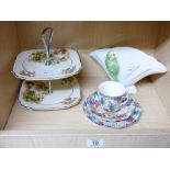 FALCONWARE BUDGIE VASE, ROYAL WINTON TRIO & CERAMIC CAKE STAND