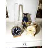 2 ALARM CLOCKS, A GLASS OBELISK & VASE