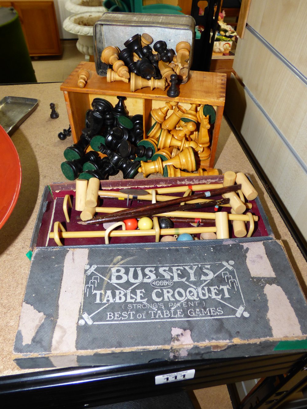 VINTAGE BOXED GAMES, CHESS X 2 & BUSSEYS TABLE CROQUET, UNCHECKED