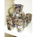 MEXICAN ART GLASS SIX BEAKER & JUG SET