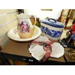 LOBSTER DISH A/F, LIDDED CERAMIC TUREEN + VICTORIAN JUG & BOWL SET