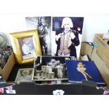 BOXED OF EPHEMERA INCLUDING SIGNED PHOTOGRAPHS, NELSON MANDELA, DR WHO, CHARLIE DRAKE + OTHERS