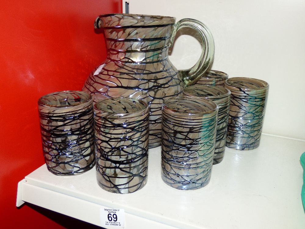 MEXICAN ART GLASS SIX BEAKER & JUG SET