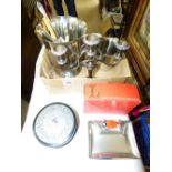 BOX OF MIXED ITEMS INCLUDING CANDELABRA & CHAMPAGNE COOLER