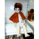 VINTAGE GERMAN HEINRICH HANDWERCK 27 INCH DOLL. BALL JOINTS, BISQUE HEAD, OPEN MOUTH WITH TEETH,