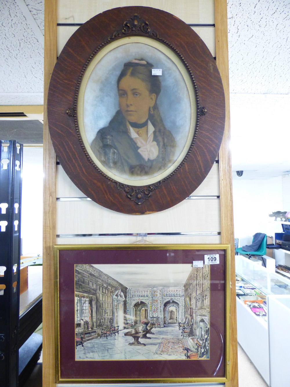 PICTURE OF A LADY IN AN OVAL OAK FRAME + PRINT OF AN EDWARDIAN ROOM