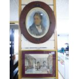 PICTURE OF A LADY IN AN OVAL OAK FRAME + PRINT OF AN EDWARDIAN ROOM
