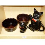 2 DENBY ASTRA BOWLS + TONY WOOD CAT TEAPOT & JUG