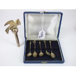 BOX CONTAINING 5 X SILVER SPOONS, MARKED 925 + A STAFF HEAD