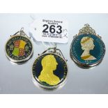 3 X ENAMELLED COINS IN SILVER MOUNTS