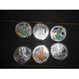 USA X 6 One ounce silver bullion eagles with added enamelling F D C encapsulated No certs