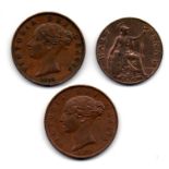 1917 half penny much lustre EF, 1855 penny & 1858 penny EF