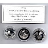 1994 three coin silver proof set for 50th Anniv Allied Invasion of Europe in presentation box with