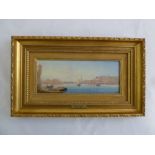 Luigi M. Galea framed oil on board of a Maltese harbour, signed bottom right, 10 x 26cm