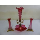 A Victorian ruby glass centre piece and two Victorian vases with gilt metal bases