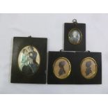 A pair of framed silhouettes, an 18th century framed miniature portrait of a gentleman and a late