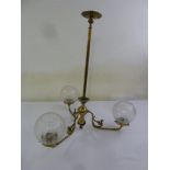 A Victorian style brass three branch chandelier with etched glass shades