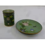 An Oriental cloisonn‚ cylindrical box and cover and a cloisonn‚ decorative plate