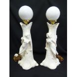 A pair of Art Nouveau Parian ware candle holders converted to electric lamps