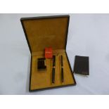 S T Dupont Laque de Chine cased set to include a lighter, a fountain pen and ballpoint pen, as new