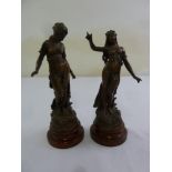 A pair of French spelter figurines of ladies in classical attire, signed to the base Geo Maxin A/
