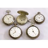 Five antique hallmarked silver and white metal pocket watches, A/F