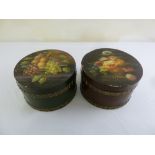 Two wooden brass bound hat boxes with painted still life to pull off covers