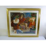 A framed and glazed limited edition print of figures in an interior scene, signed bottom right, 84 x