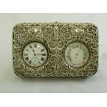 A late Victorian silver mounted watch and barometer desk set with hinged cover and back strut,