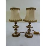 A pair of porcelain and brass table lamps with silk shades