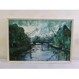 Delieu framed oil on canvas of a canal scene, signed bottom right, 59.5 x 90.5cm