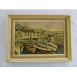 A framed oil on panel of boats in a harbour, monogrammed FP, 24.5 x 37cm
