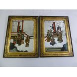 A pair of Chinese late 19th century reverse painted scenes of courtiers in a pavilion with
