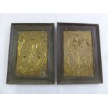 A pair of Art Nouveau rectangular bronze plaques in oak frames, 29.5 x 19.5cm