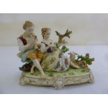 Dresden figural group of a courting couple with a lamb, marks to the base, 18cm (h)