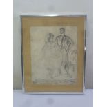 A framed and glazed pencil drawing of a male and female, 22.5 x 17.5cm