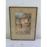H. Saito watercolour of Japanese figure in a traditional garden, signed bottom right, gallery