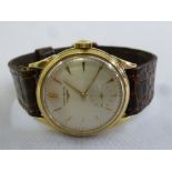 Longines 18ct yellow gold gentlemans wristwatch with subsidiary seconds dial and leather strap