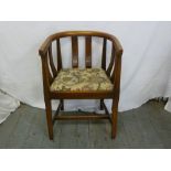 Art Deco half moon shaped slatted oak occasional chair with upholstered seat