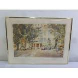 A. W. Brown framed and glazed lithographic print of figures in a Spanish market square, signed