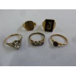 Five gold rings, set with various stones, tested 9ct, approx total weight 18.2g