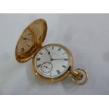 Elgin 9ct yellow gold full hunter pocket watch, Roman numerals, subsidiary seconds dial, approx