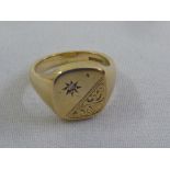 9ct yellow gold and star set diamond signet ring, approx total weight 9.0g
