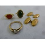 Three 9ct gold rings set with various stones and a pair of 9ct gold cufflinks, approx total weight