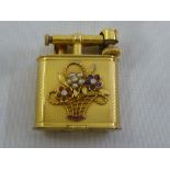 A Dunhill 9ct gold engine turned ladies cigarette lighter with applied bejewelled basket of