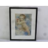 Framed and glazed watercolour of a cherub in the style of Elenor Fortescue Brickdale, 35.5 x 26cm