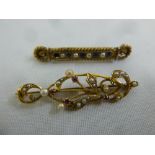 Two 19th century gold brooches set with seed pearls and coloured stones