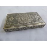 A Persian rectangular white metal cigarette box engraved with figures, birds and animals on four